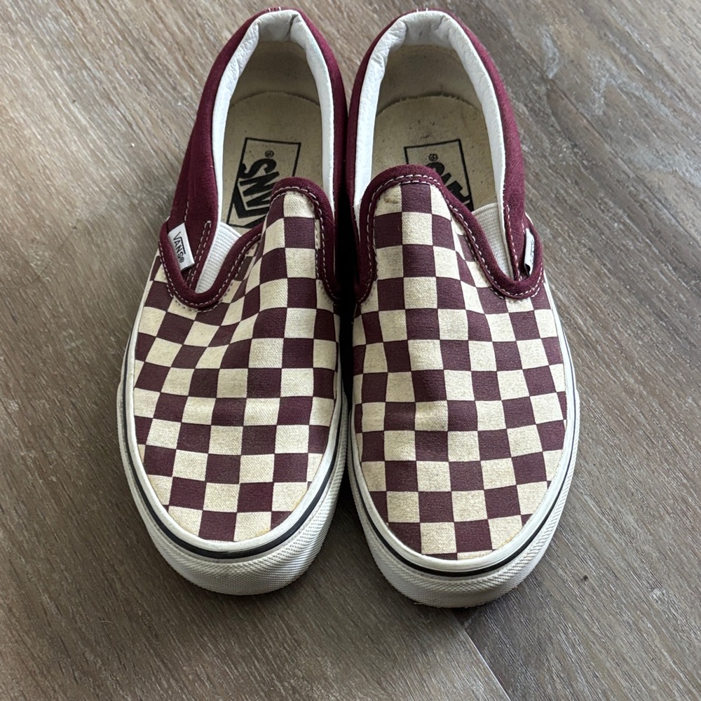 Vans Burgundy and Beige Checkered Slip-On Sneakers